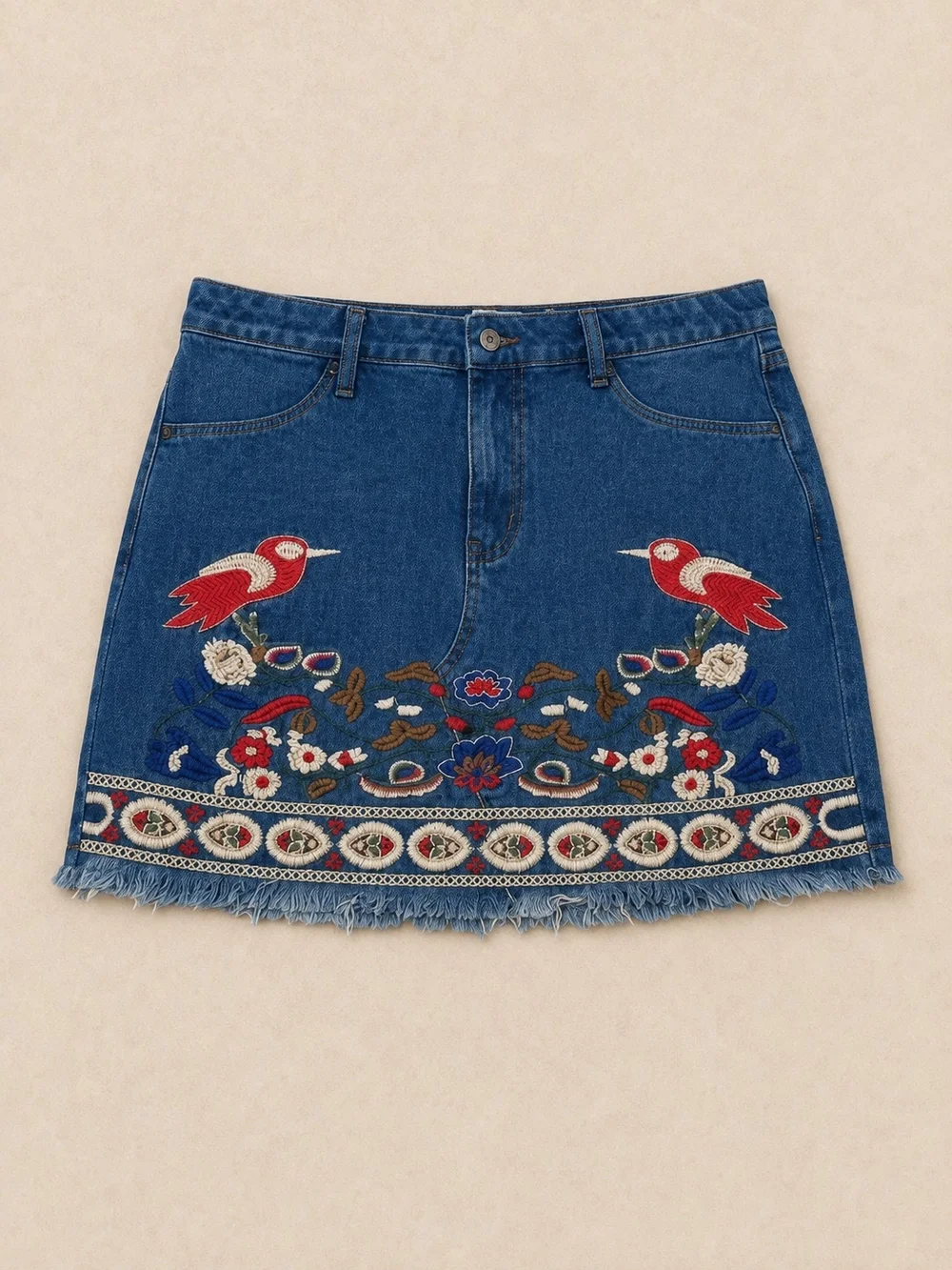 Umgee Embroidered Bird Jean Skirt | Size XL - NWT